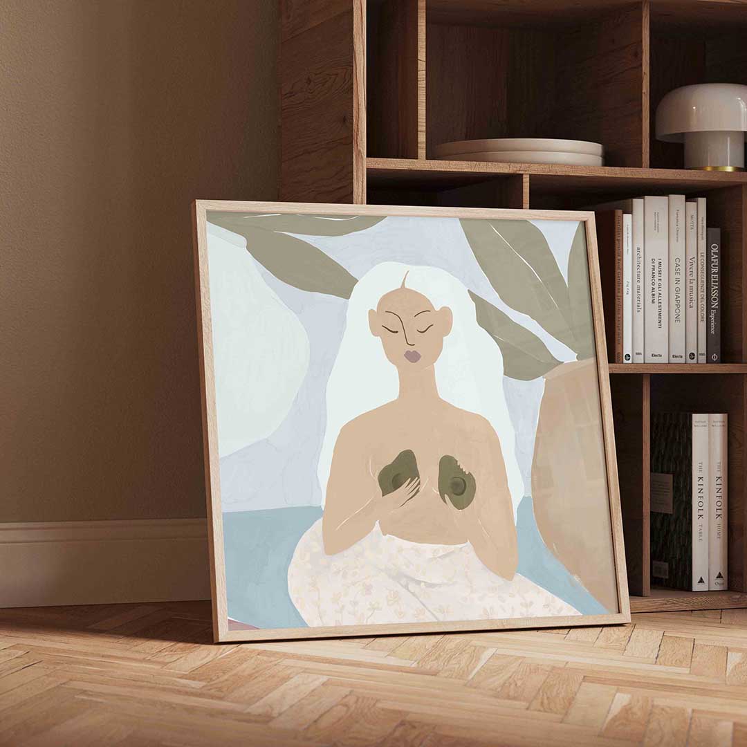 Vrouw met bladeren – geïllustreerde wandkunst als vierkante poster