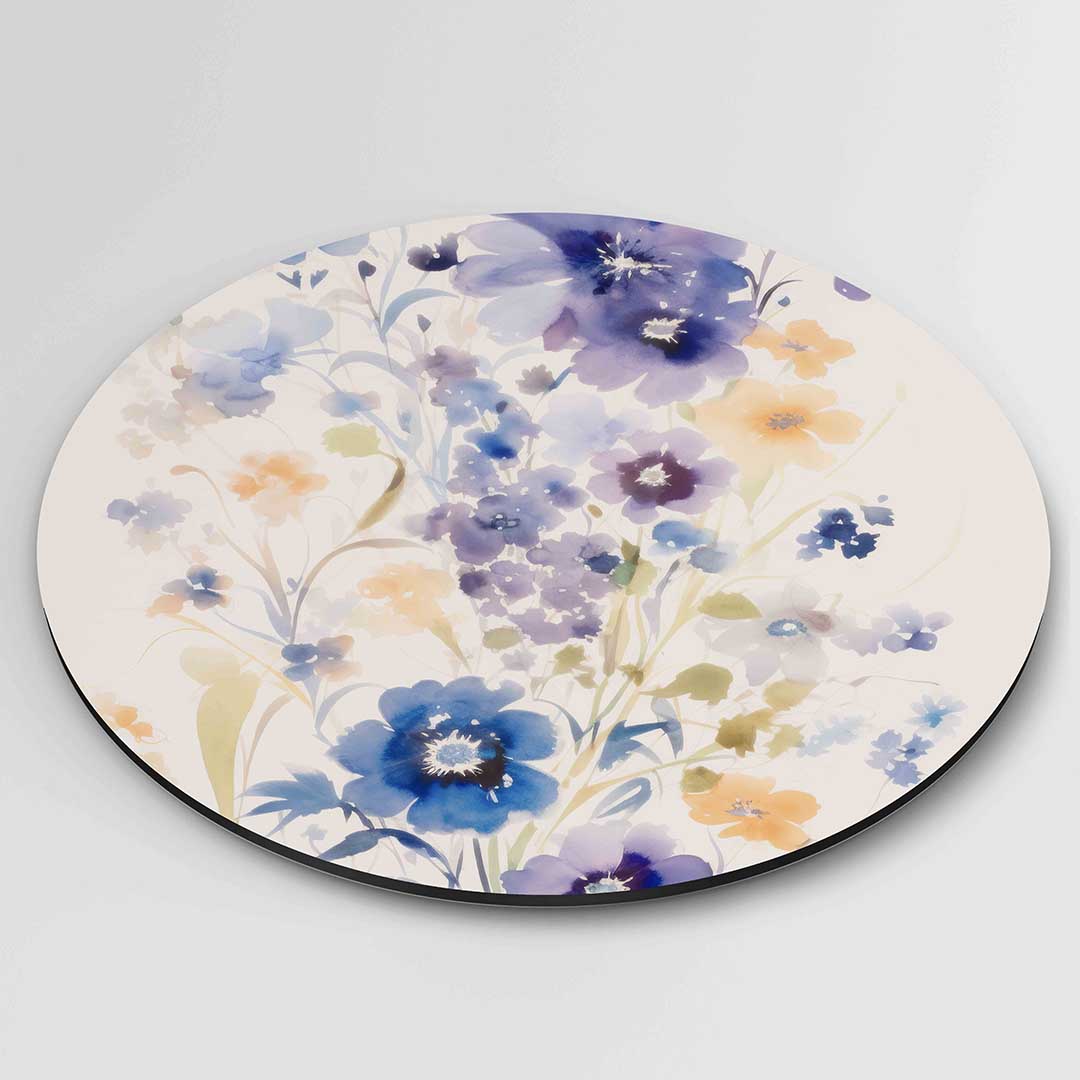 Bloemen in blauw en oranje – ronde textuur wanddecoratie van WallArtistic