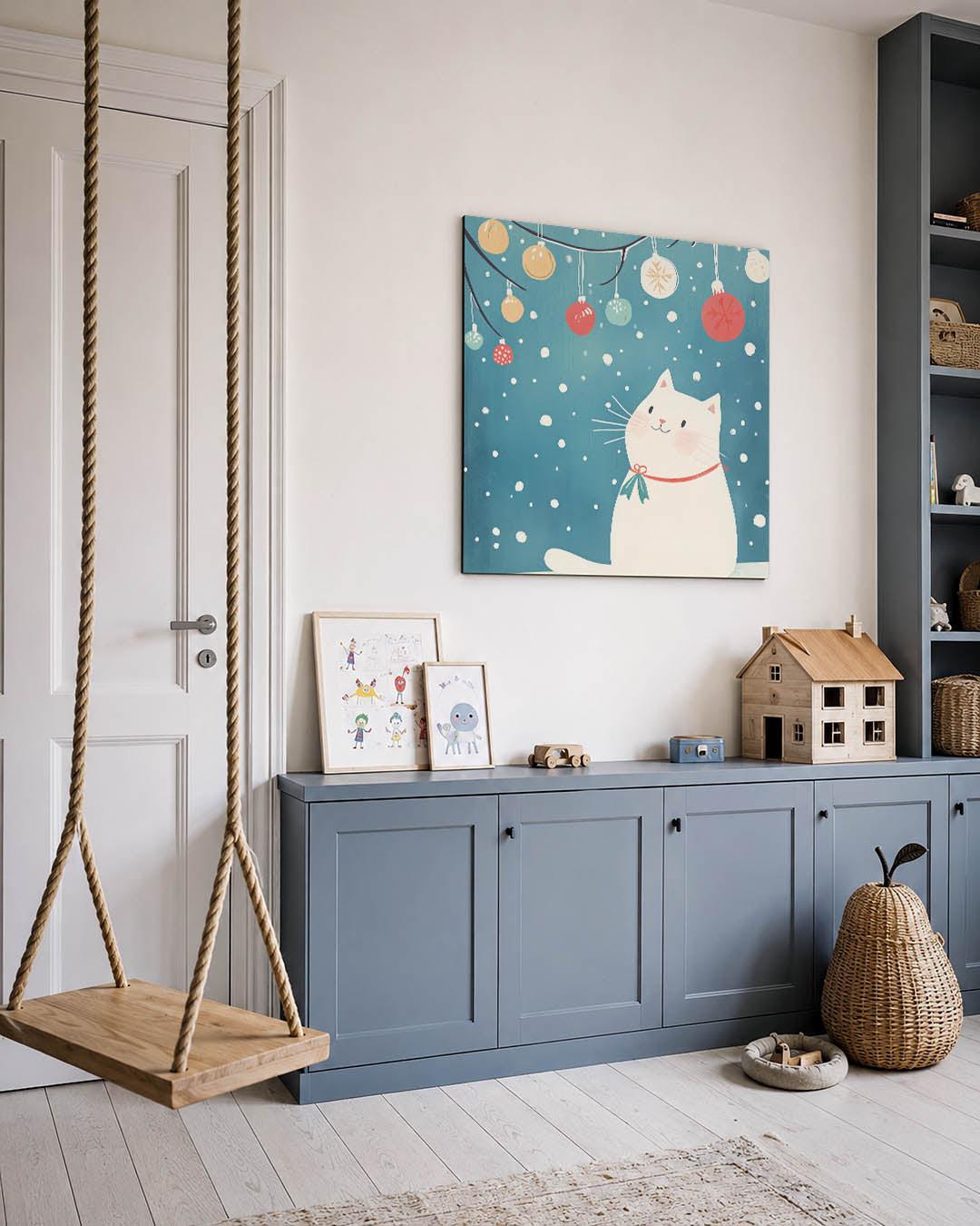 Speelse kat en sneeuwvlokken kunstwerk – vierkante wanddecoratie – dit werk toont een witte kat onder kleurrijke kerstballen