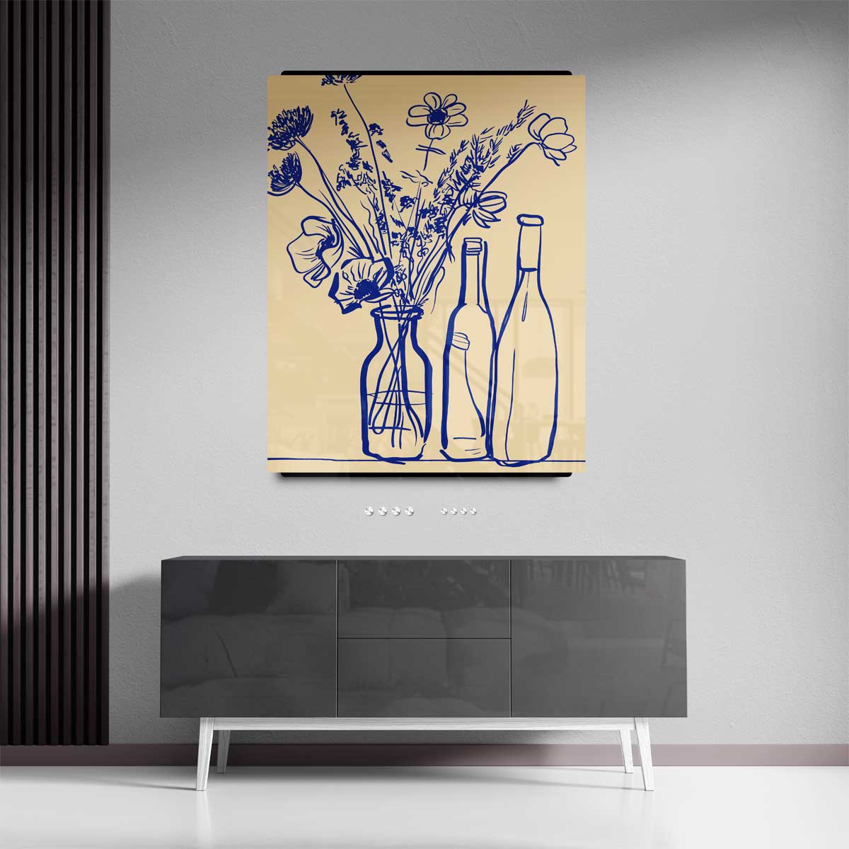 Blauwe Bloemen in Flessen Schilderij – canvas kunstwerk als wanddecoratie