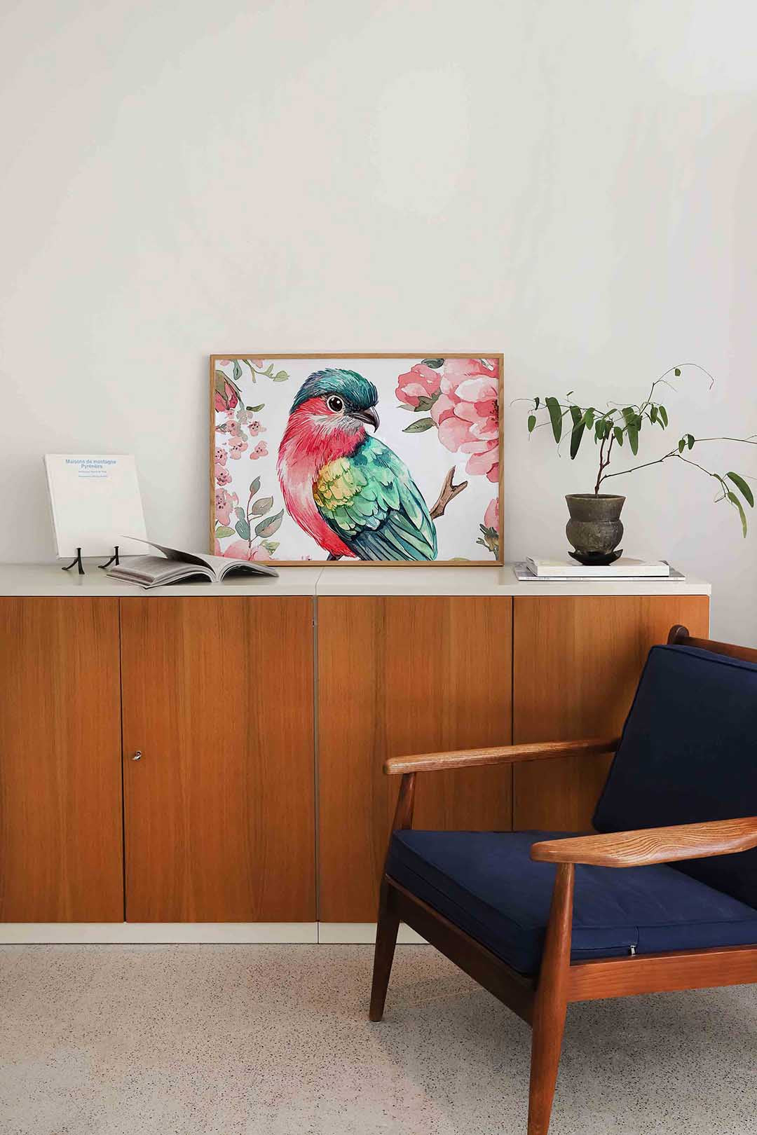 Vogel en bloemen – liggende dieren wanddecoratie van WallArtistic