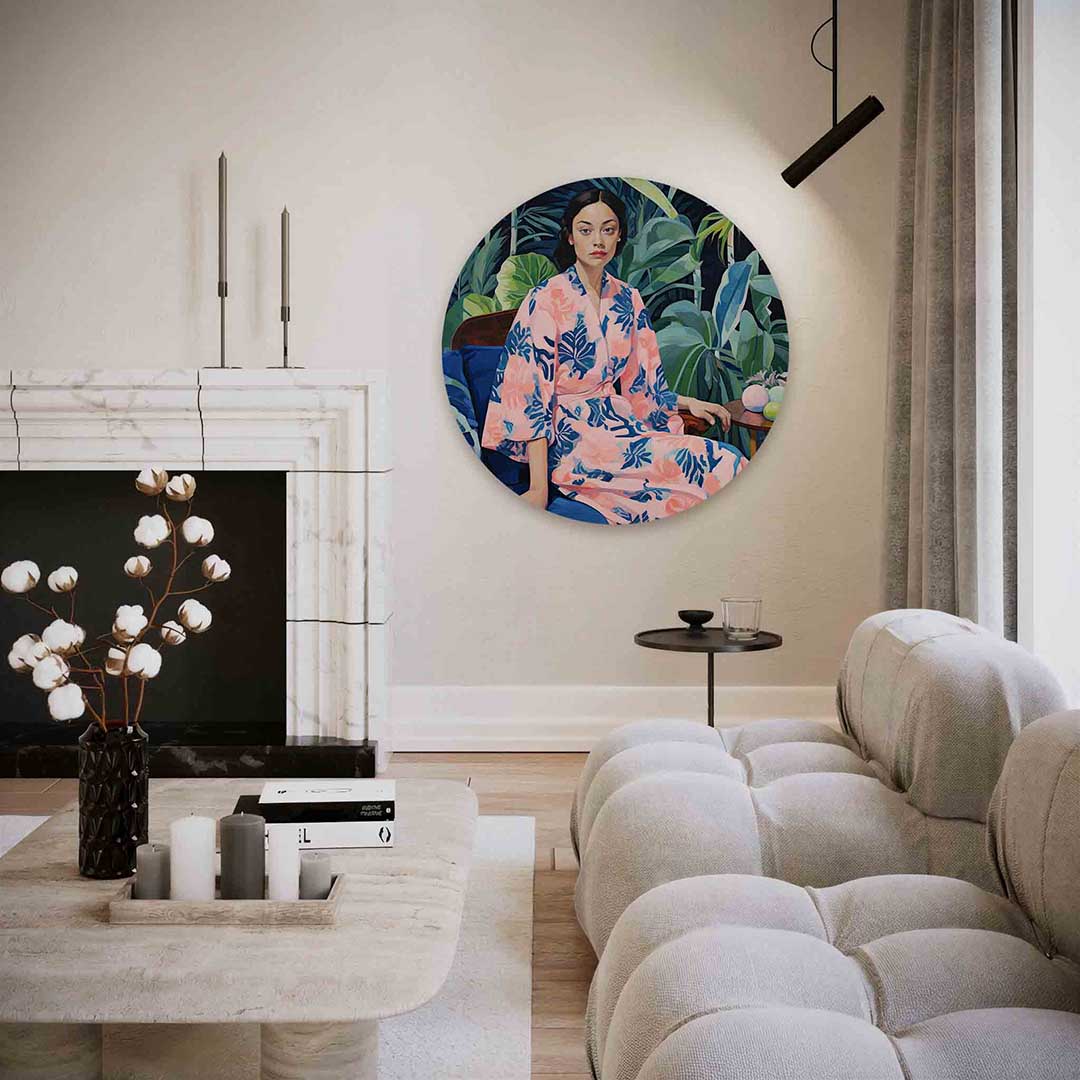 Vrouw in roze kimono – kleurrijke illustratie muurcirkel als wanddecoratie
