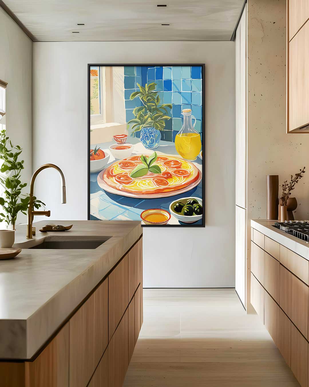Mediterraanse Keuken in Blauwtinten – staand kunstwerk voor modern interieur