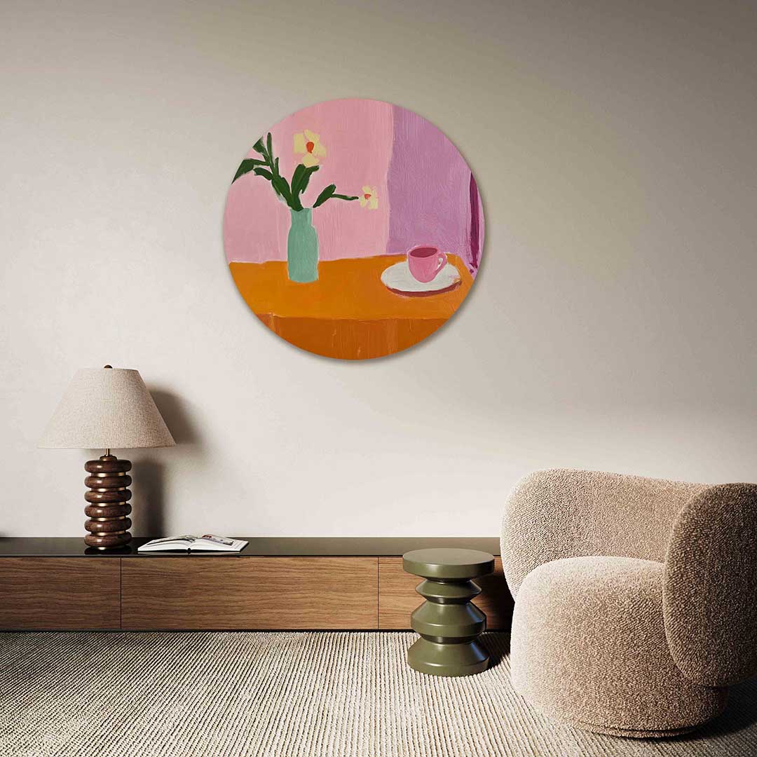 Bloemen en kopje – abstracte muurcirkel als ronde wanddecoratie
