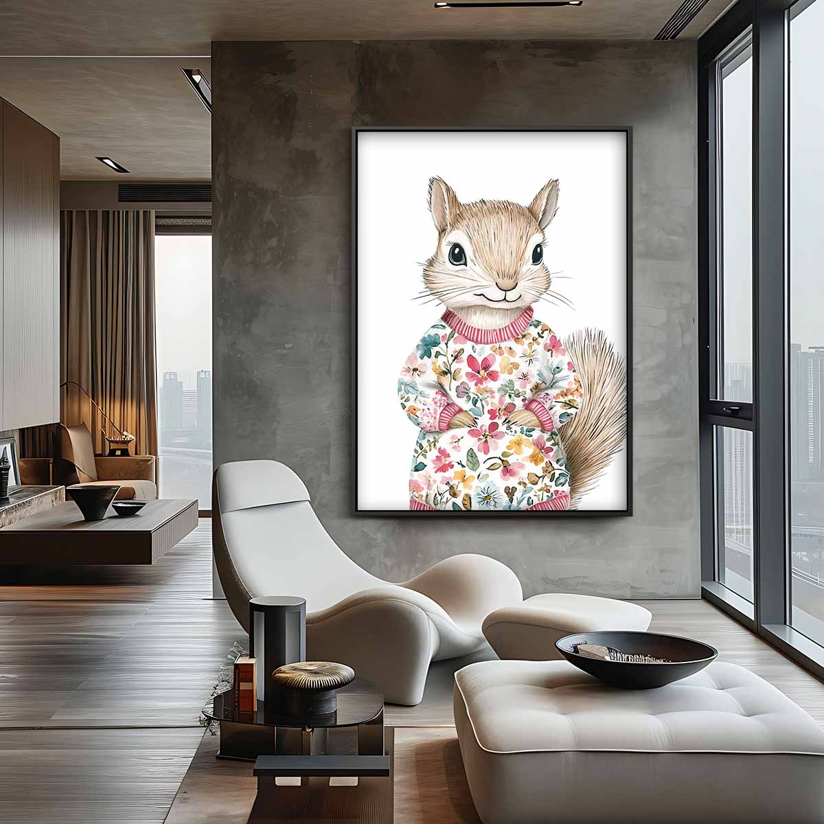 Bloemrijke Eekhoorn Schilderij – canvas wanddecoratie in portret formaat
