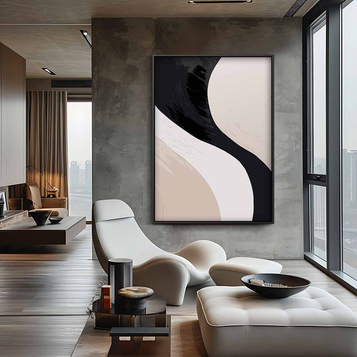 Vloeiende Vormen in Neutrale Tinten – canvas wanddecoratie in portret formaat