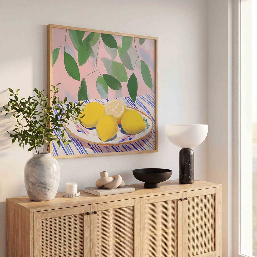 Citroenen op tafel – kleurrijke poster in vierkant formaat