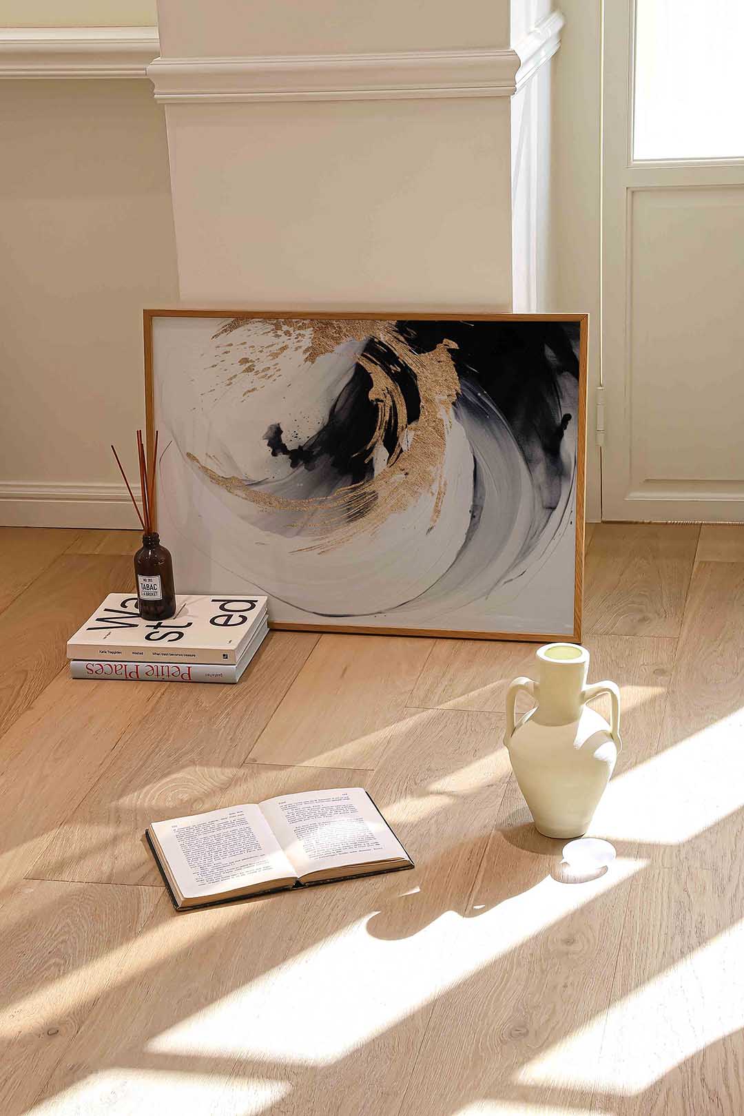 Abstracte zwart en goud – liggende abstracte wanddecoratie van WallArtistic