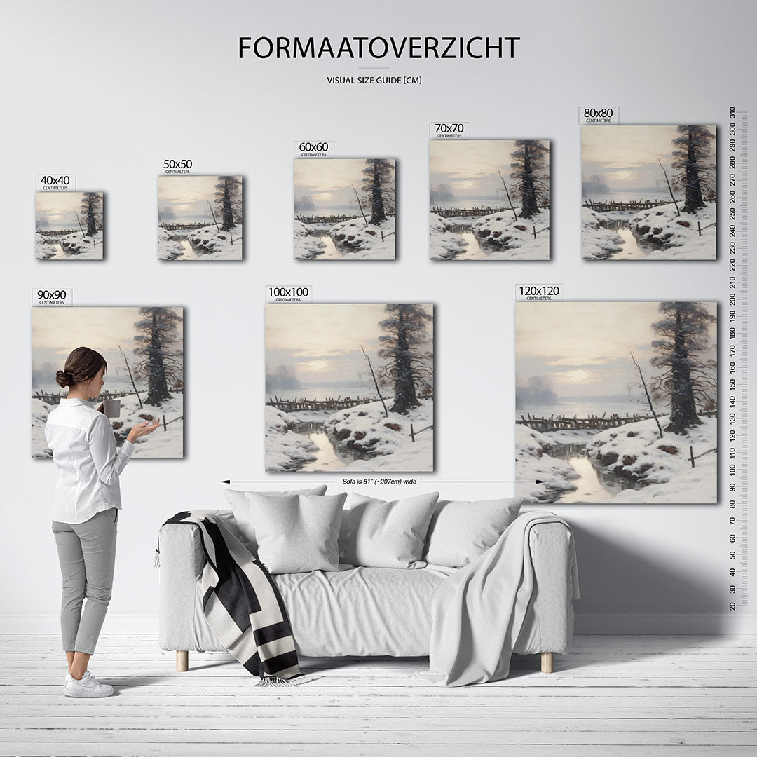 Winterlandschap met sneeuw kunstwerk – sfeerbeeld – dit werk toont een serene winterse scène met een besneeuwd landschap en