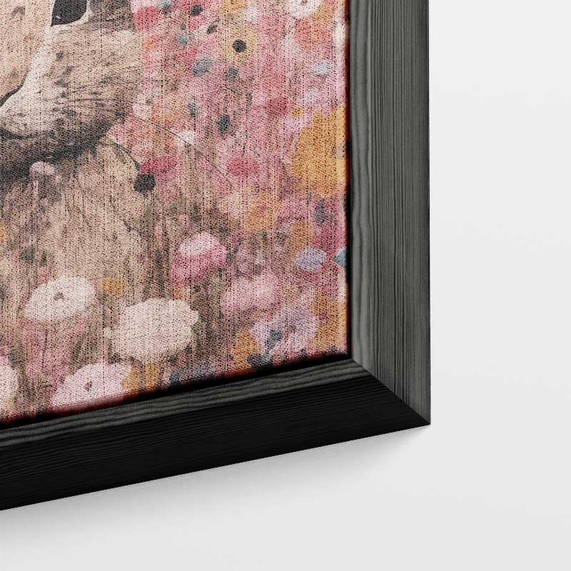 Konijn in Bloemenparadijs – kunstwerk met zwarte baklijst