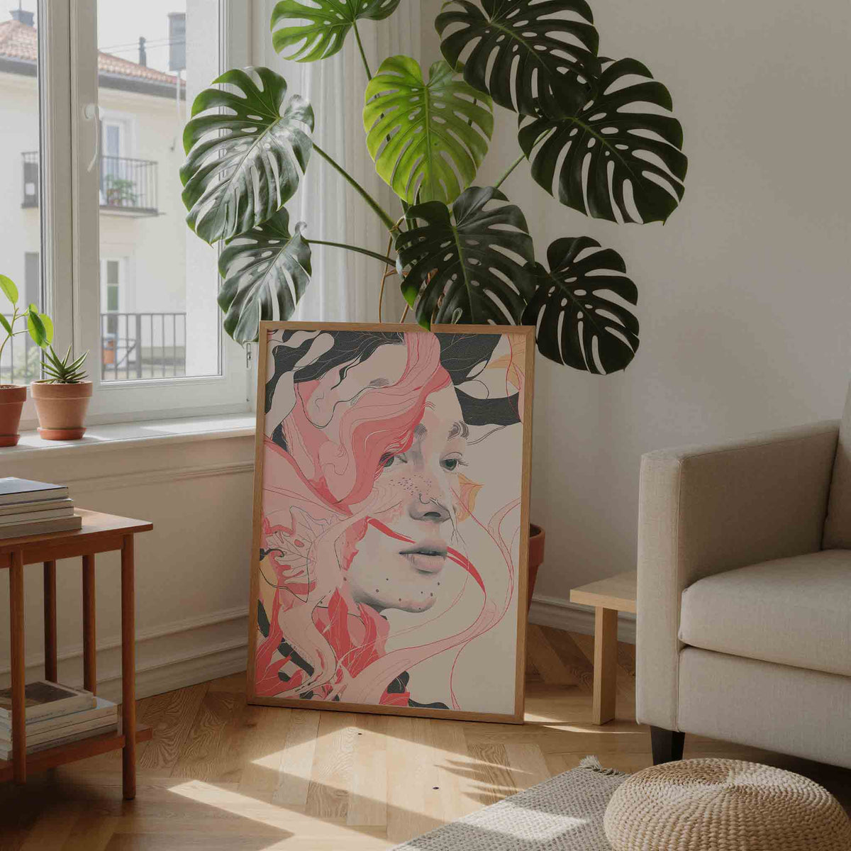 Vrouwelijk gezicht met roze lijnen – moderne wandkunst als portret poster
