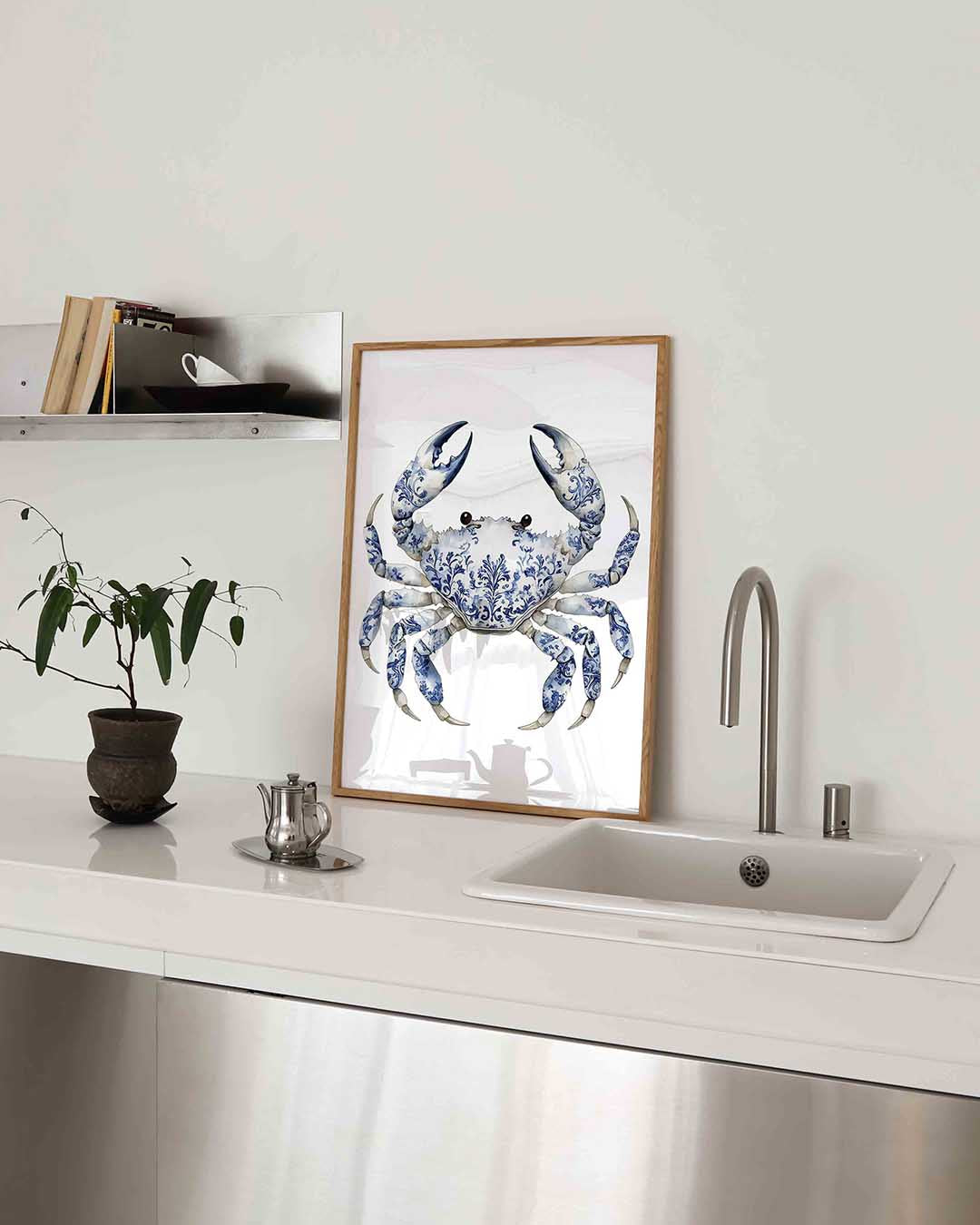 Blauwe krab – blauw-witte poster in staand formaat