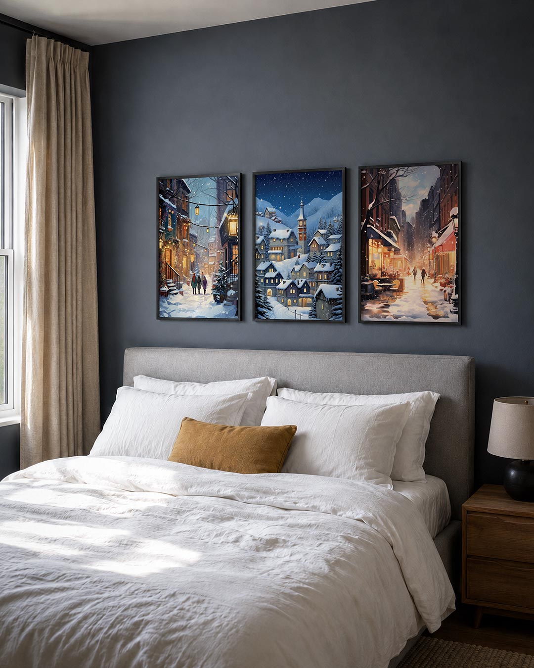 Winterse straatsfeer posterset – detailweergave – sneeuw bedekt de straat en daken, terwijl warme lichten de