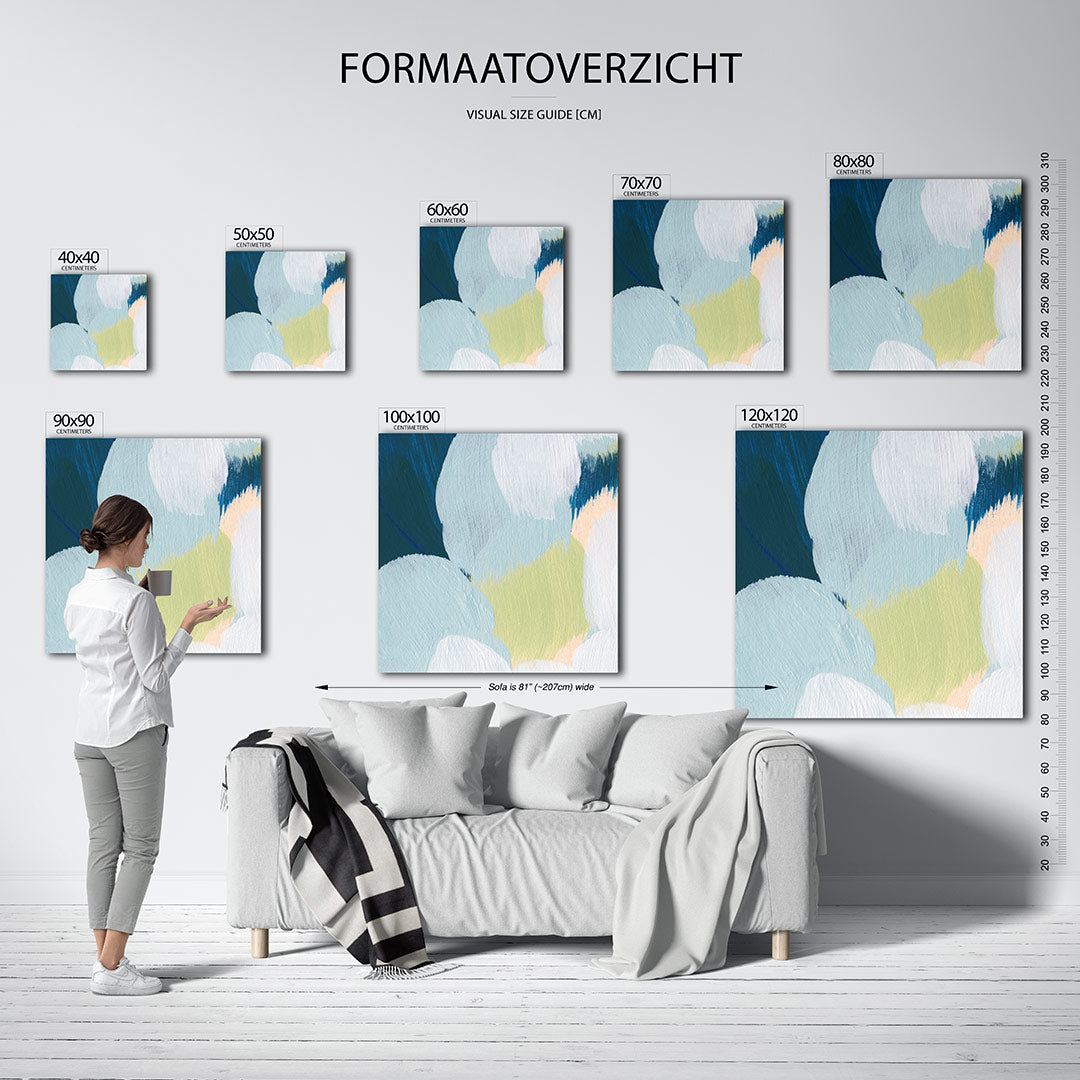 Kleurencompositie kunstwerk – dit werk toont een dynamisch spel van vloeiende vormen en zachte kleuren, met een harmonieuze