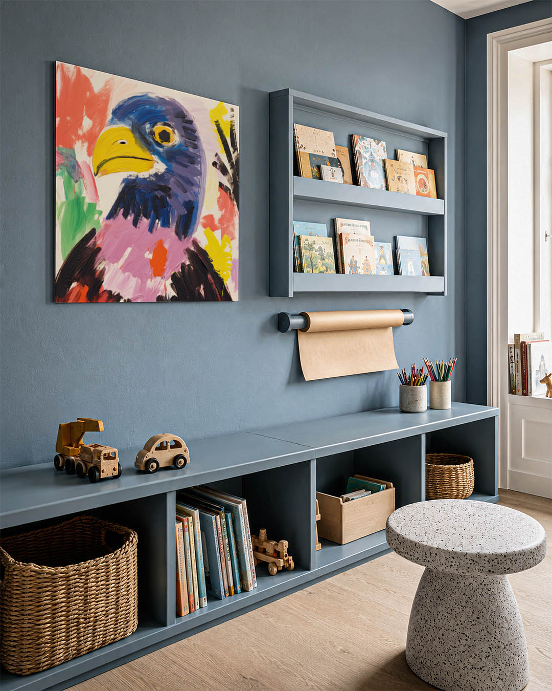 Kleurrijke vogel kunstwerk – detailweergave – dit werk toont een vogel met levendige kleuren en dynamische penseelstreken. De