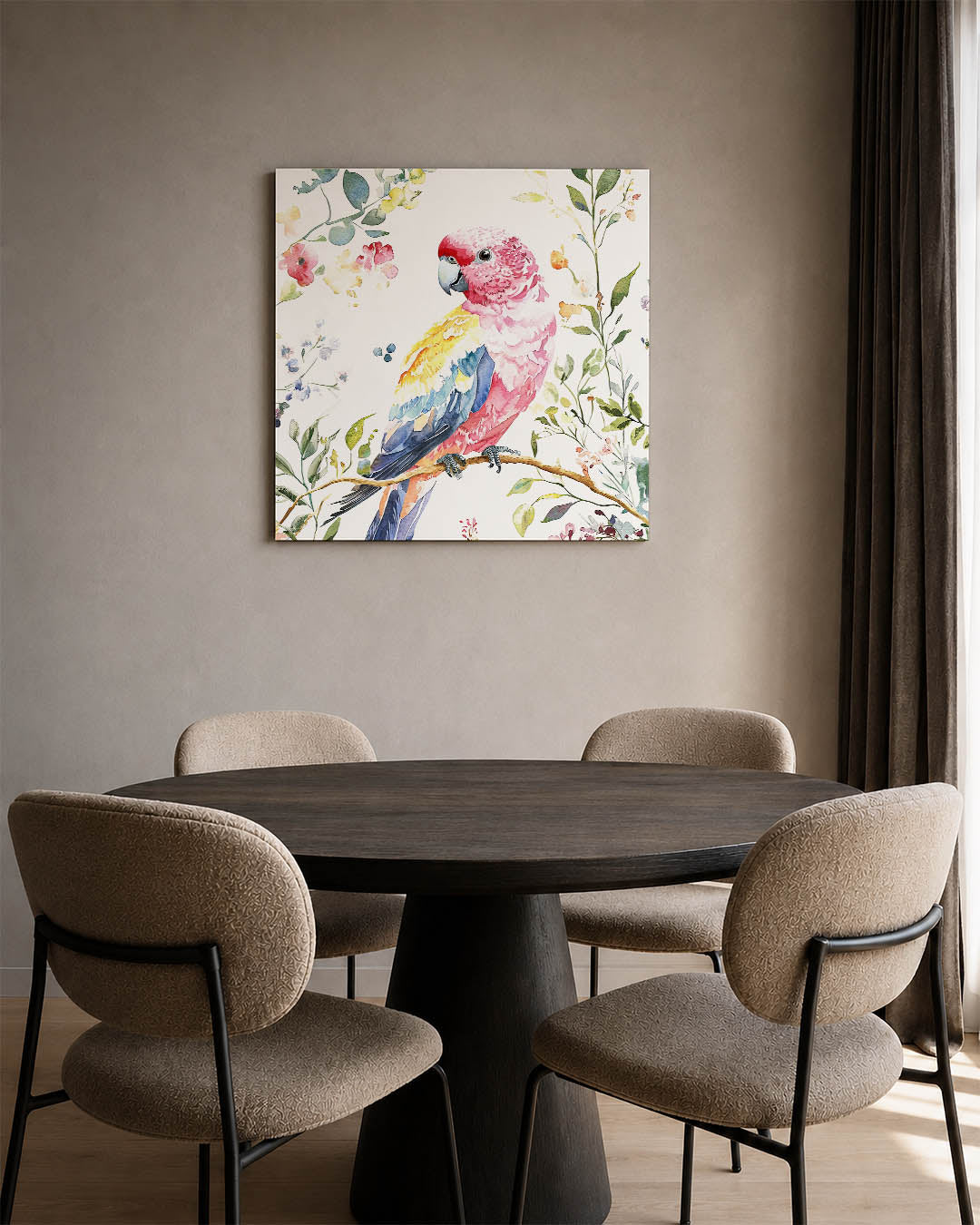 Vrolijke vogel illustratie kunstwerk – derde productweergave – dit werk toont een kleurrijke vogel omringd door delicate