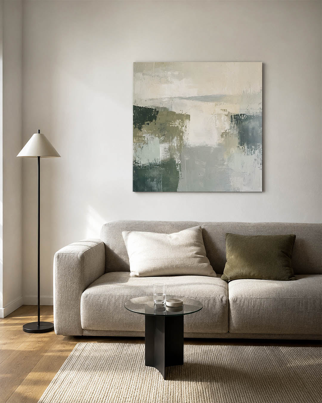 Rustige kleurencompositie kunstwerk – vierkante wanddecoratie – dit werk toont een serene mix van zachte kleuren en vloeiende