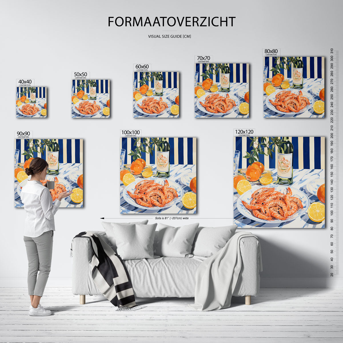 Garnalen en citrus – vierkante muurposter met kleurrijke illustratie