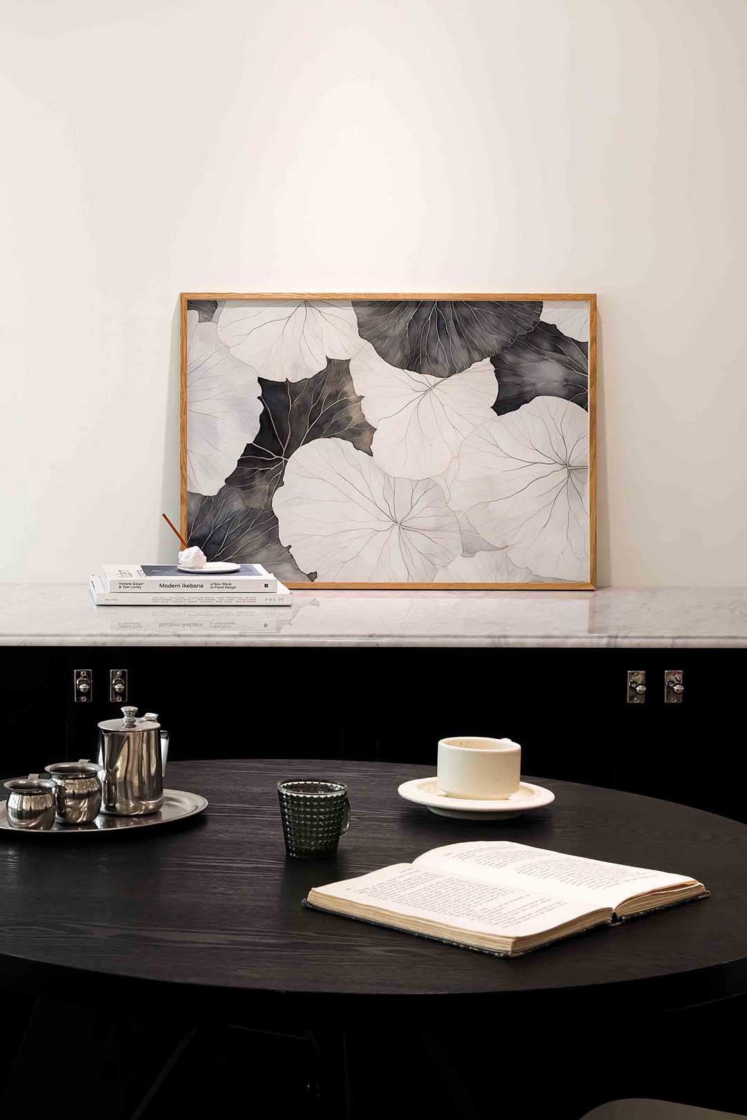Bladeren in zwart wit – abstracte poster in liggend formaat