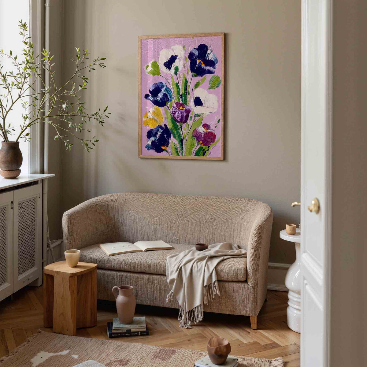 Bloemen op roze – illustratie poster in staand formaat