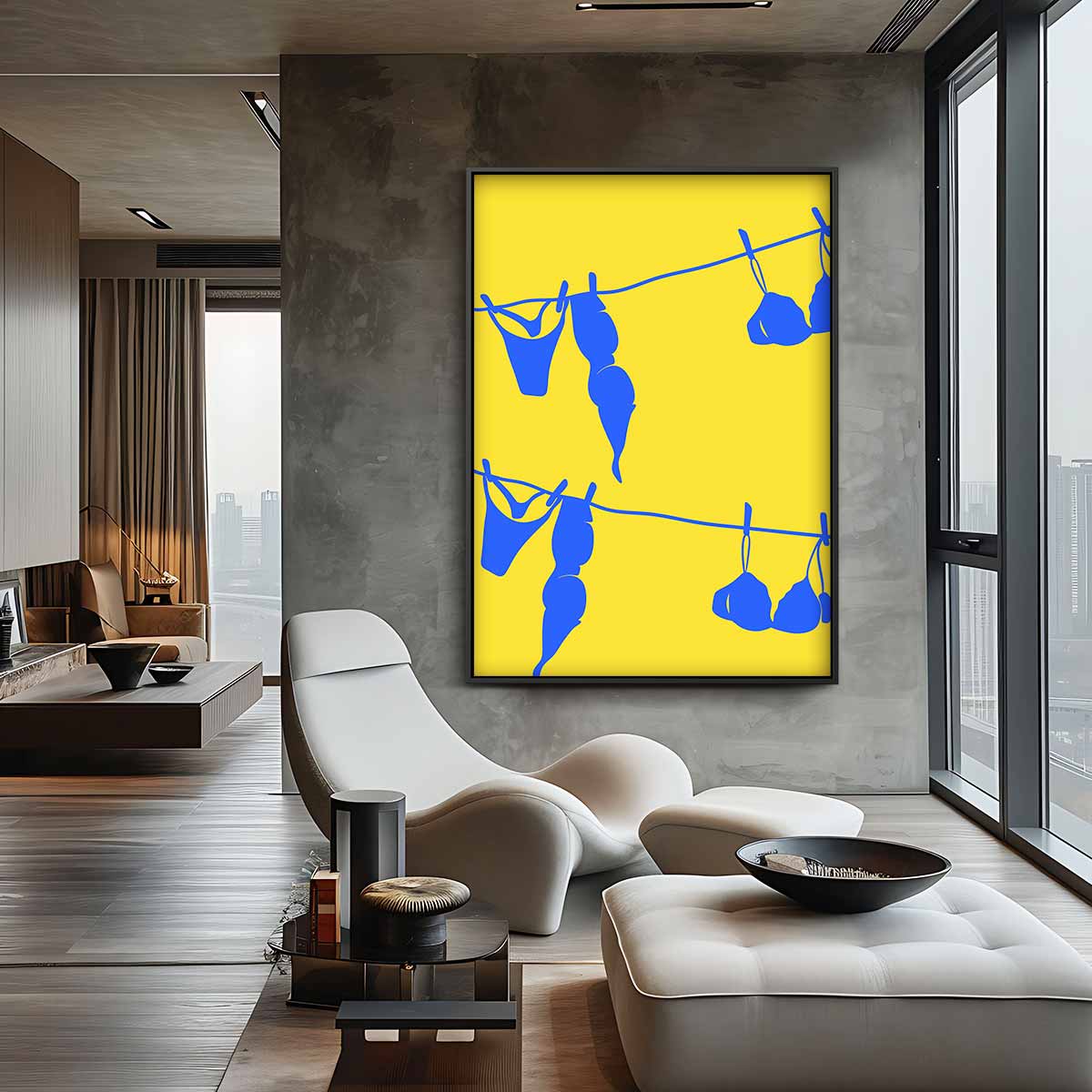 Blauw Wasgoed op Gele Draad – plexiglas kunstwerk als wanddecoratie