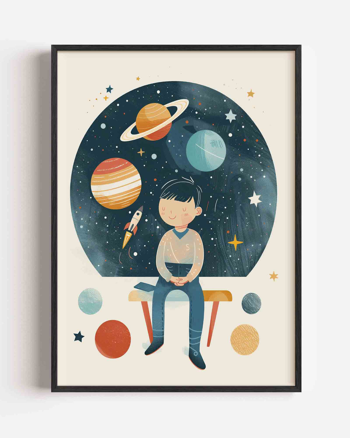 Jongen met planeten – kids portret poster als wanddecoratie