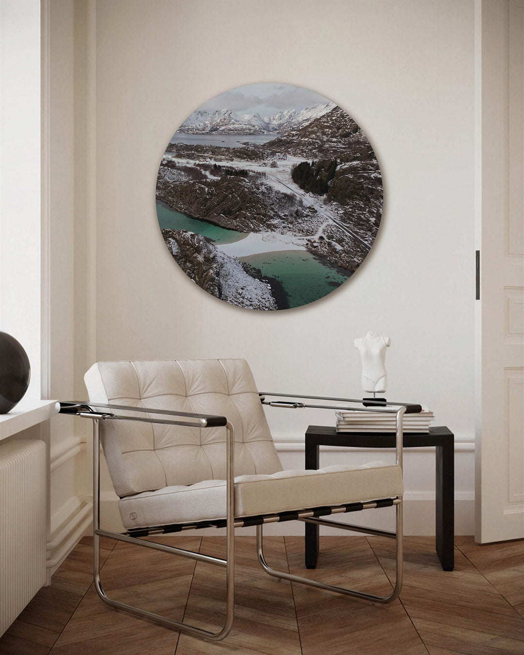 Bergen en zee – fotografie muurcirkel als ronde wanddecoratie