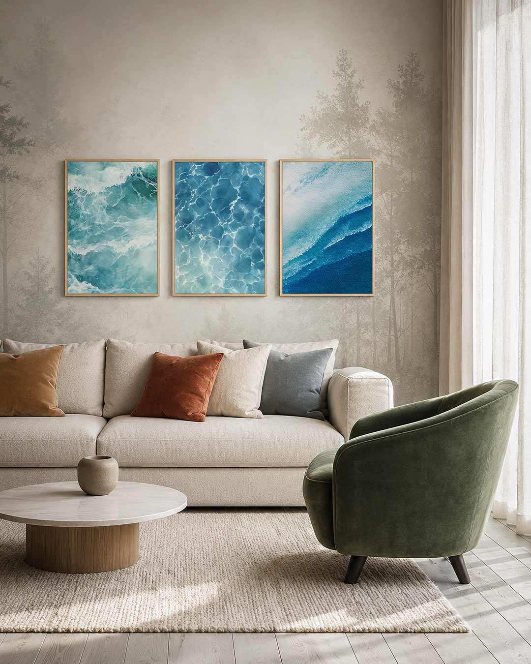 Golvend water ritme driedelige posterset – deze afbeelding toont een dynamisch lijnenspel van