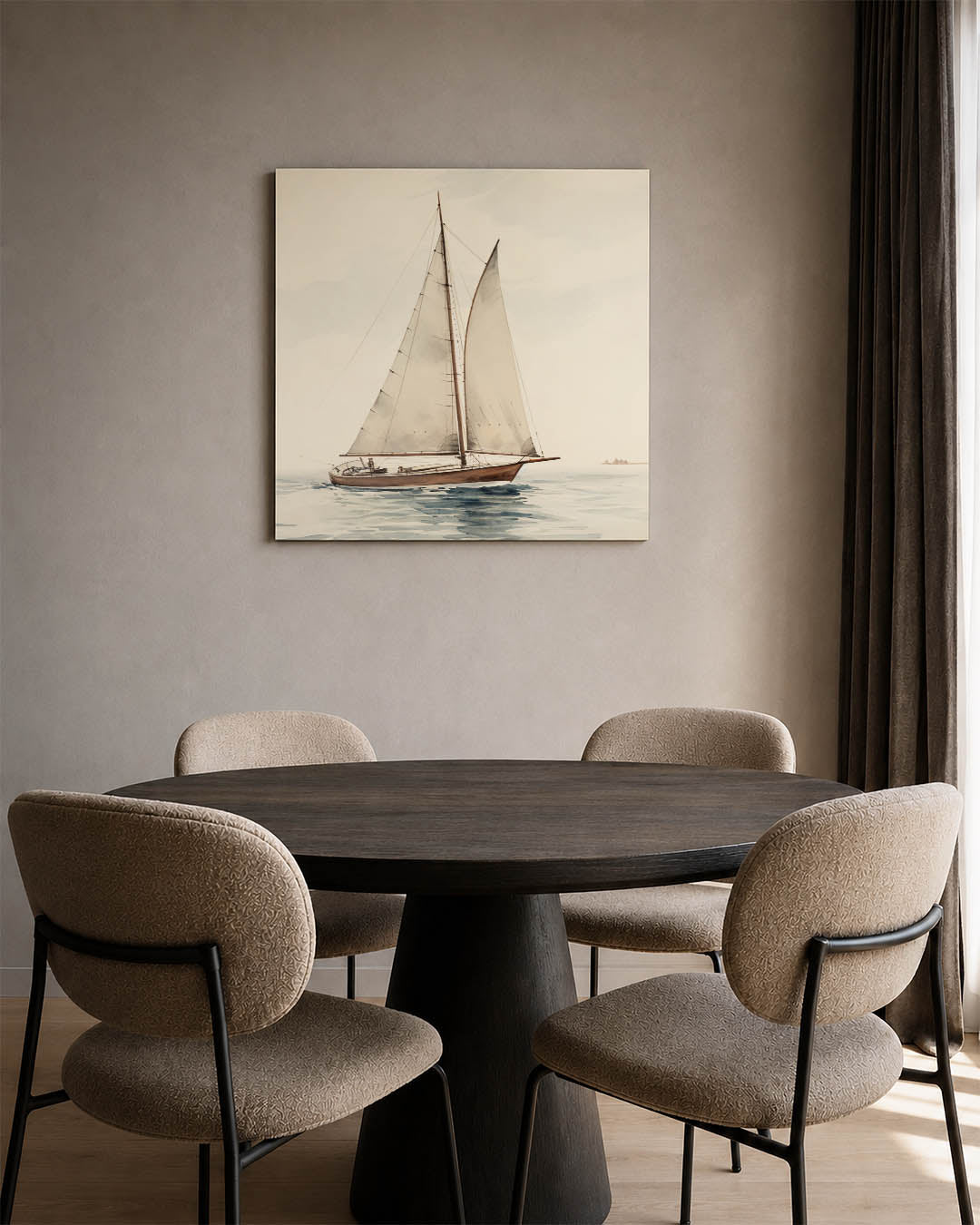 Zeilboot op zee kunstwerk – vierkante wanddecoratie – een zeilboot vaart rustig over een kalme zee. De zachte kleuren en
