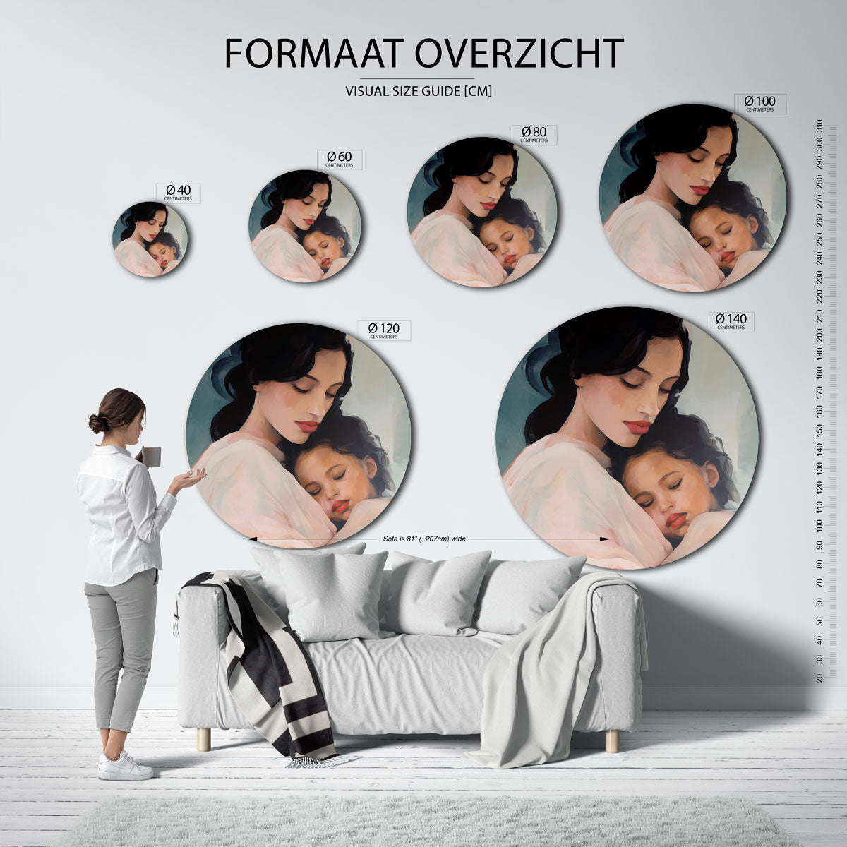 Moeder en kind – ronde muurdecoratie met vrouwelijk portret