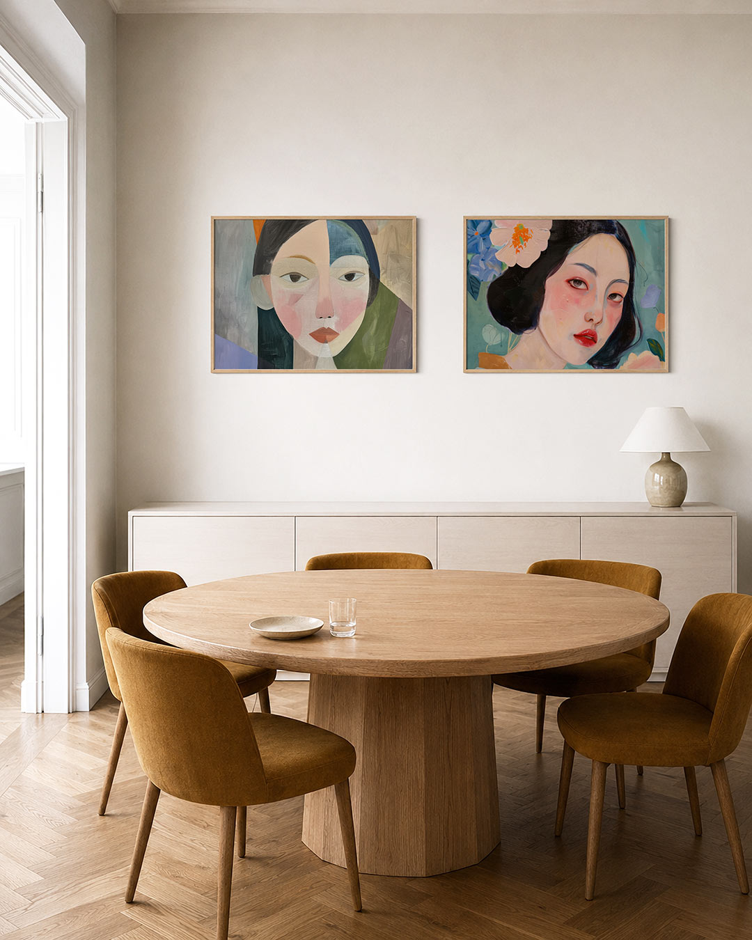 Twee liggende posters met een gezicht opgebouwd uit geometrische kleurvlakken, aan de muur in een interieur