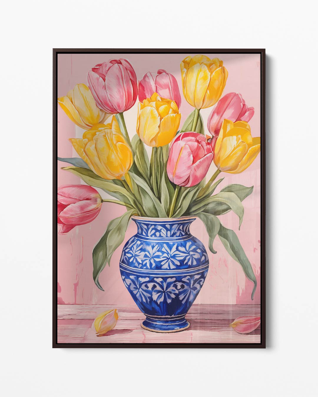 Stralende Tulpen in Blauwe Vaas – portret kunstwerk als wanddecoratie