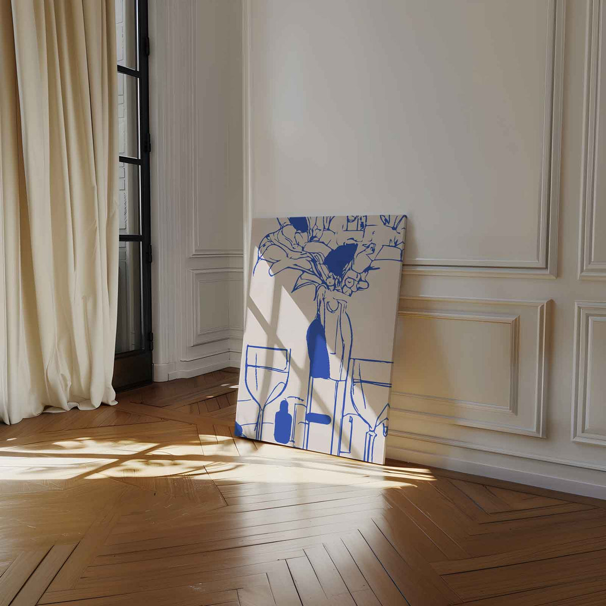 Moderne Tafelsetting in Blauwe Lijntekening – staand kunstwerk voor modern interieur