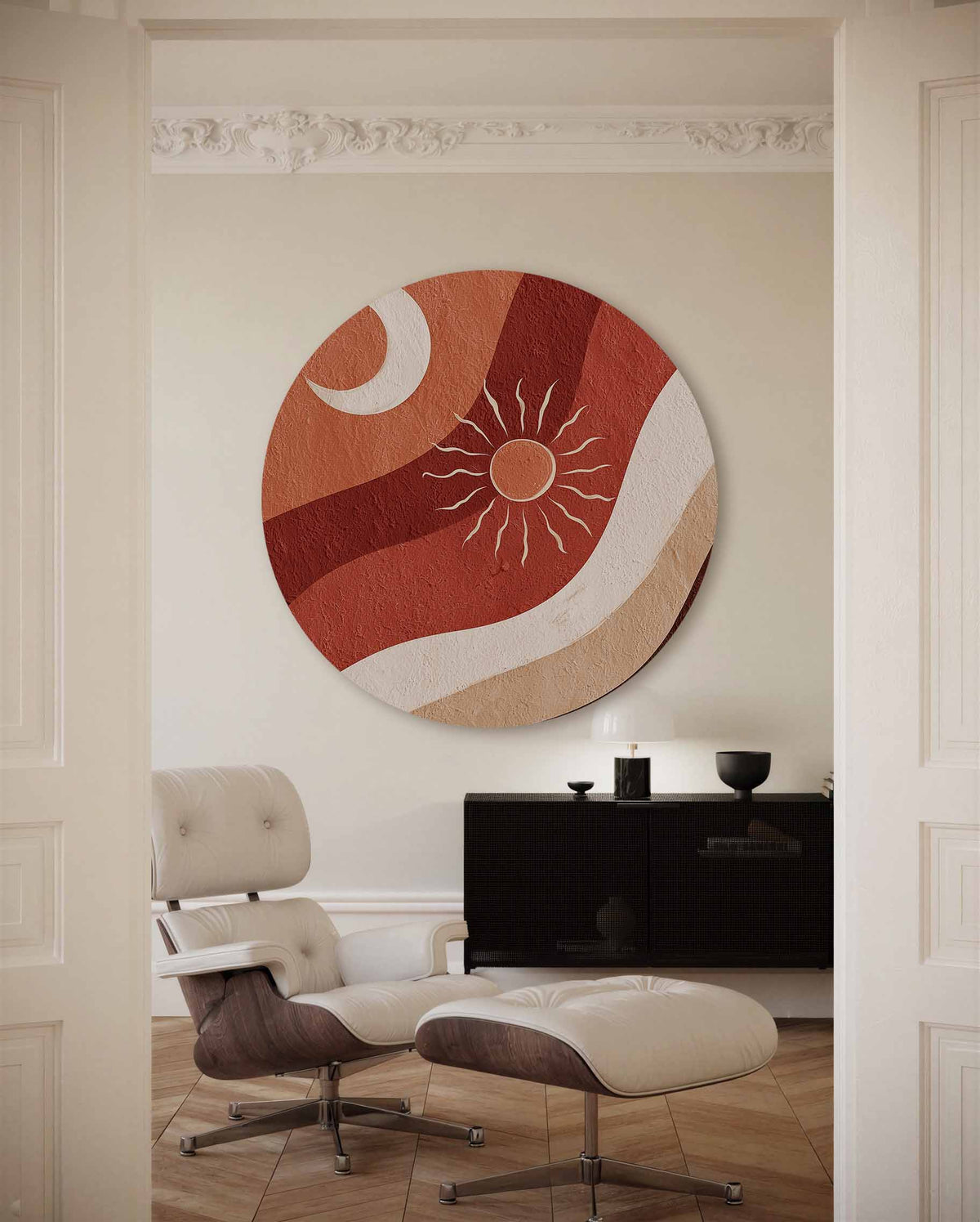 Zon en maan – portret muurcirkel als ronde muurdecoratie