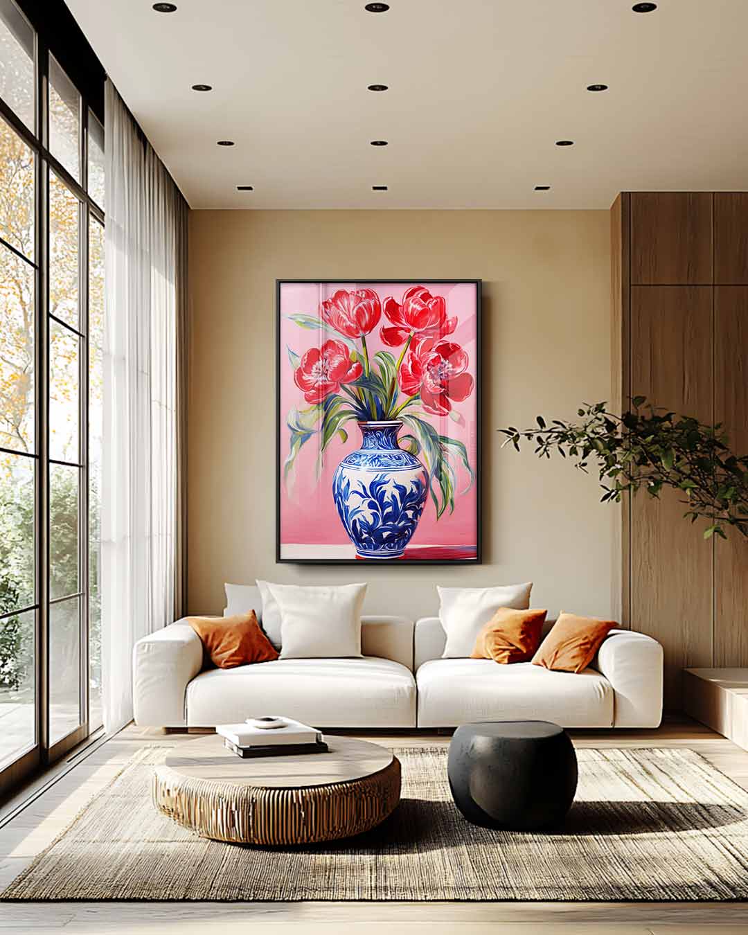 Levende Tulpen in Vaas – kunstwerk met zwarte baklijst