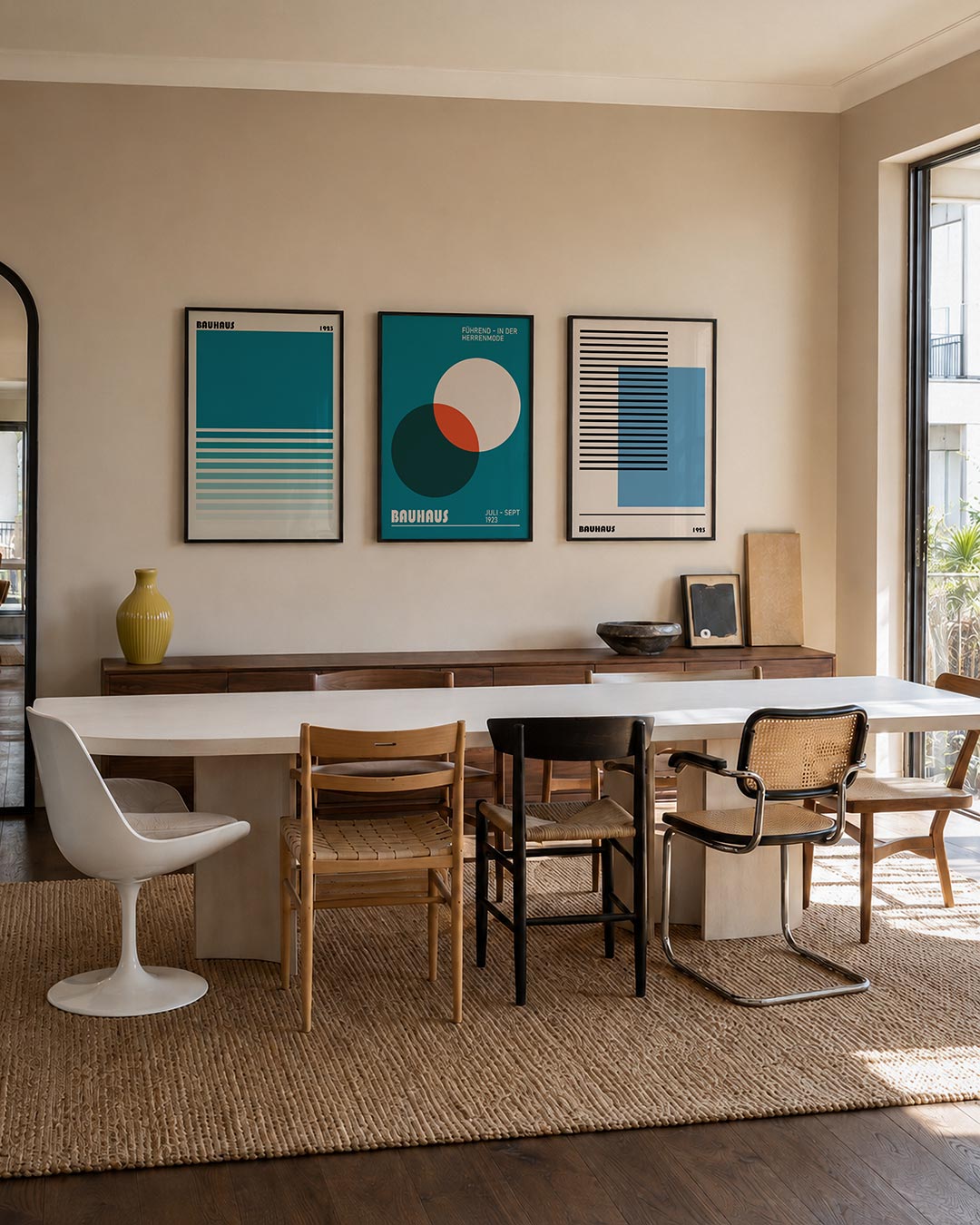 Kleurvlakken en lijnen driedelige posterset – deze posterset in drie delen toont een groot blauw vlak bovenaan, gevolgd door