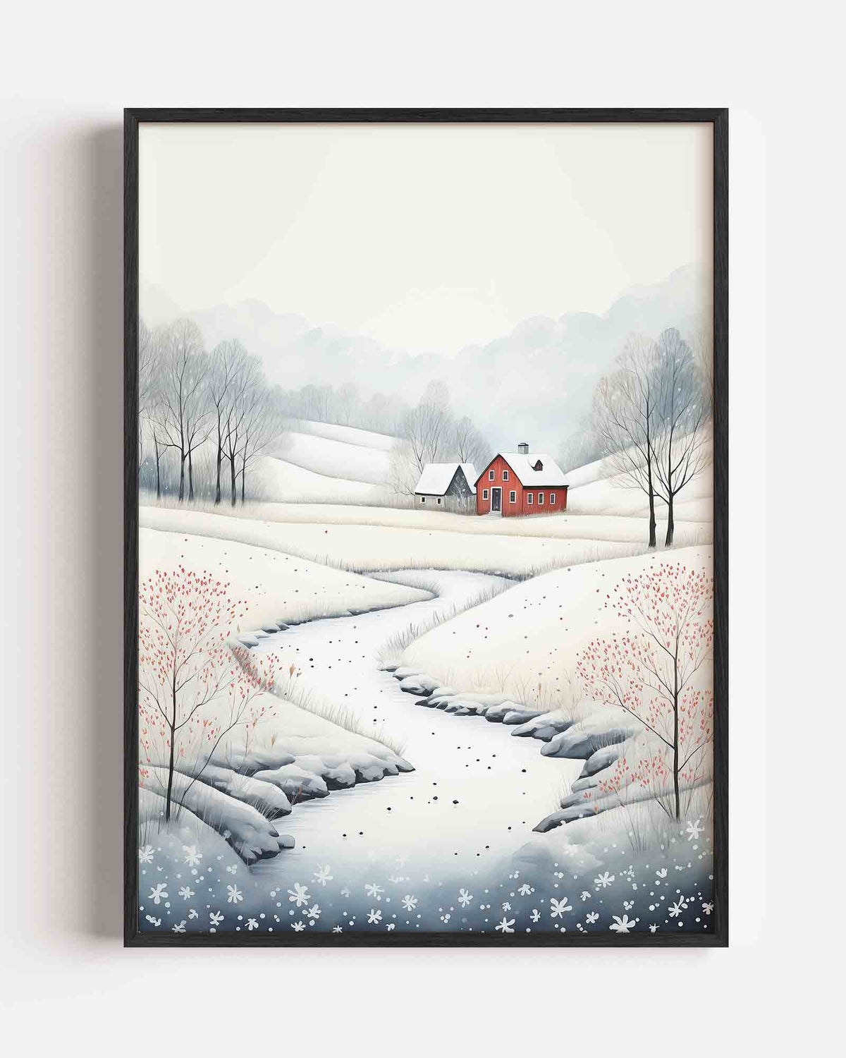 Winterlandschap met rode boerderij – kerst portret poster als wanddecoratie