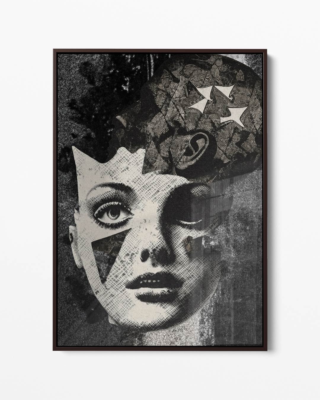 Surrealistische Collage Vrouwengezicht – portret kunstwerk als wanddecoratie