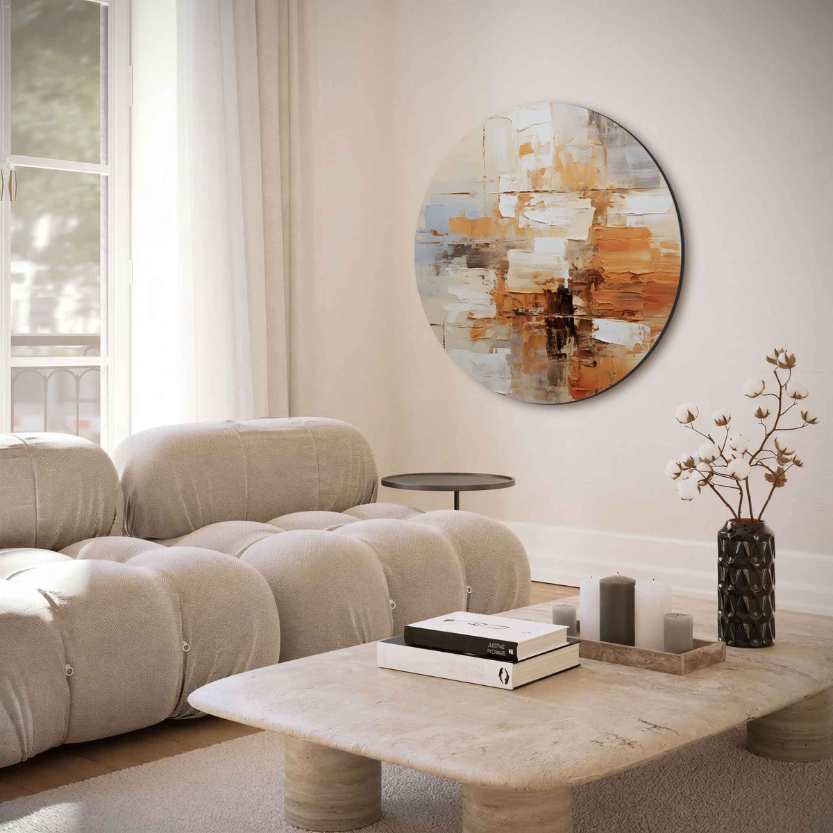 Abstracte beige en oranje – moderne abstracte muurcirkel voor aan de muur