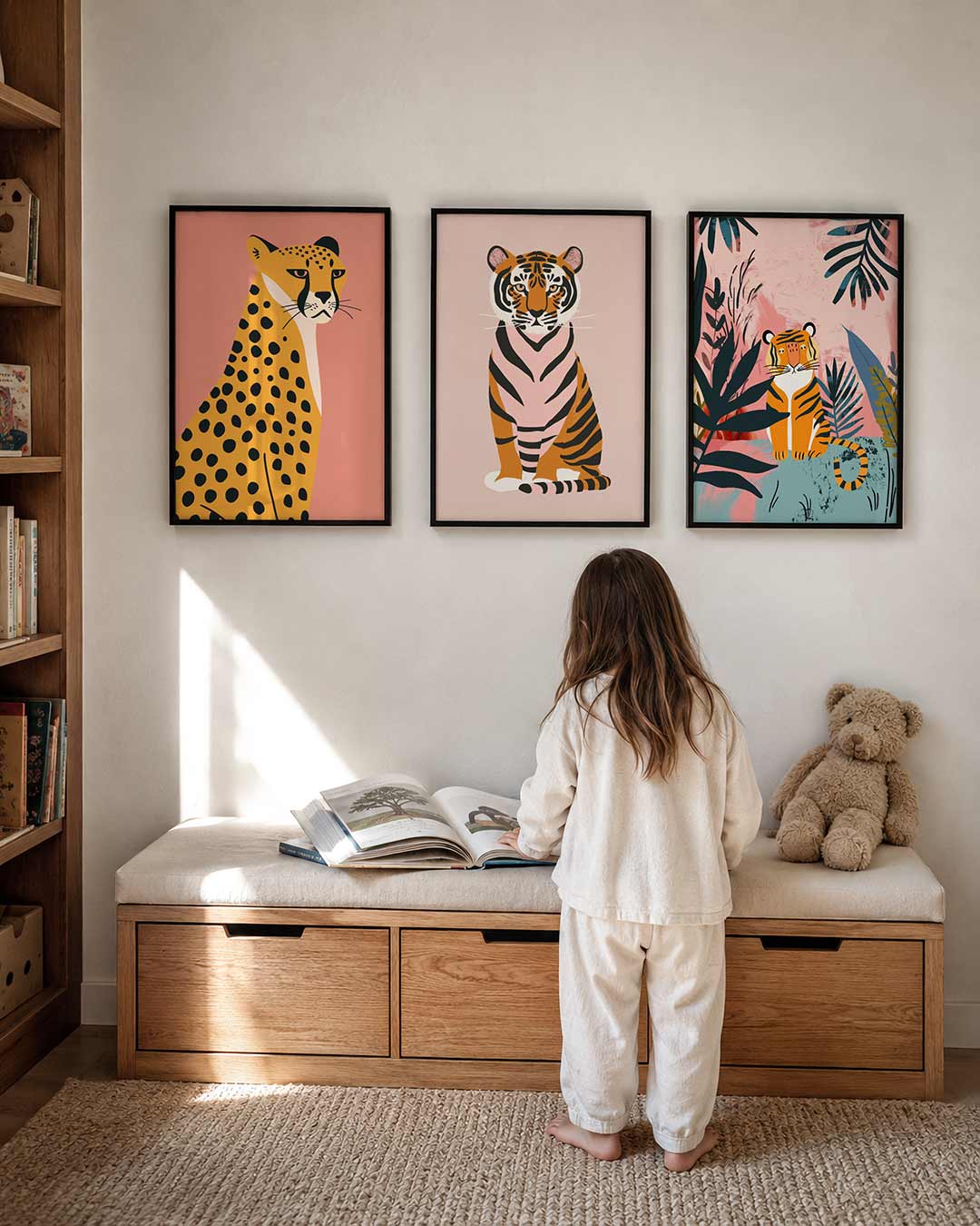 Vorm en kleur posterset – derde productweergave – een sierlijke cheetah met zwarte stippen op een warme, roze