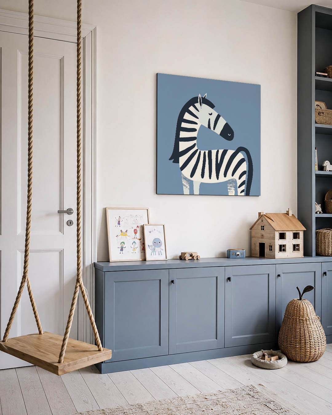 Gestileerde zebra illustratie kunstwerk – vierkante wanddecoratie – dit werk toont een gestileerde zebra met vloeiende lijnen