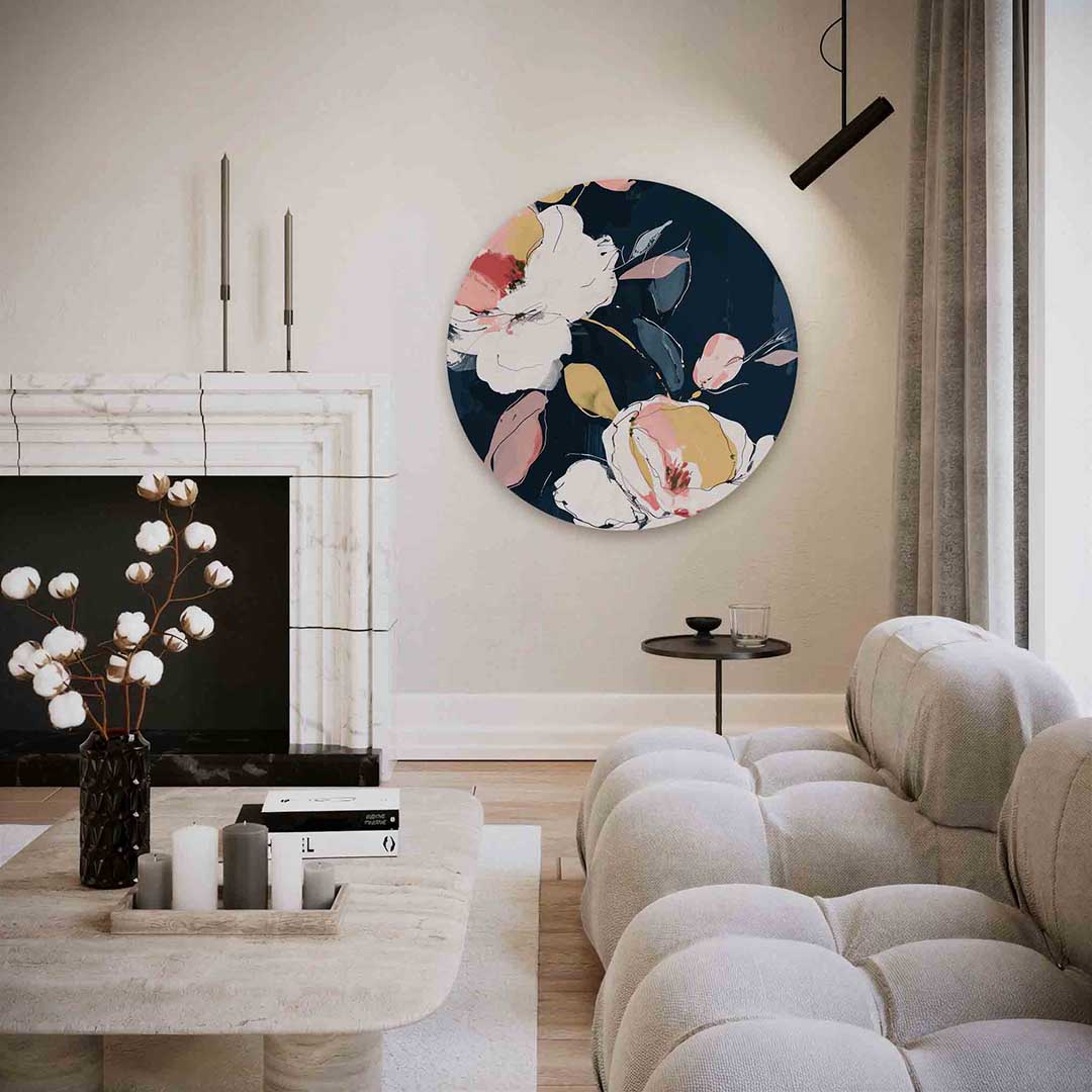 Bloemen op donkere achtergrond – abstracte textuur muurcirkel als wanddecoratie