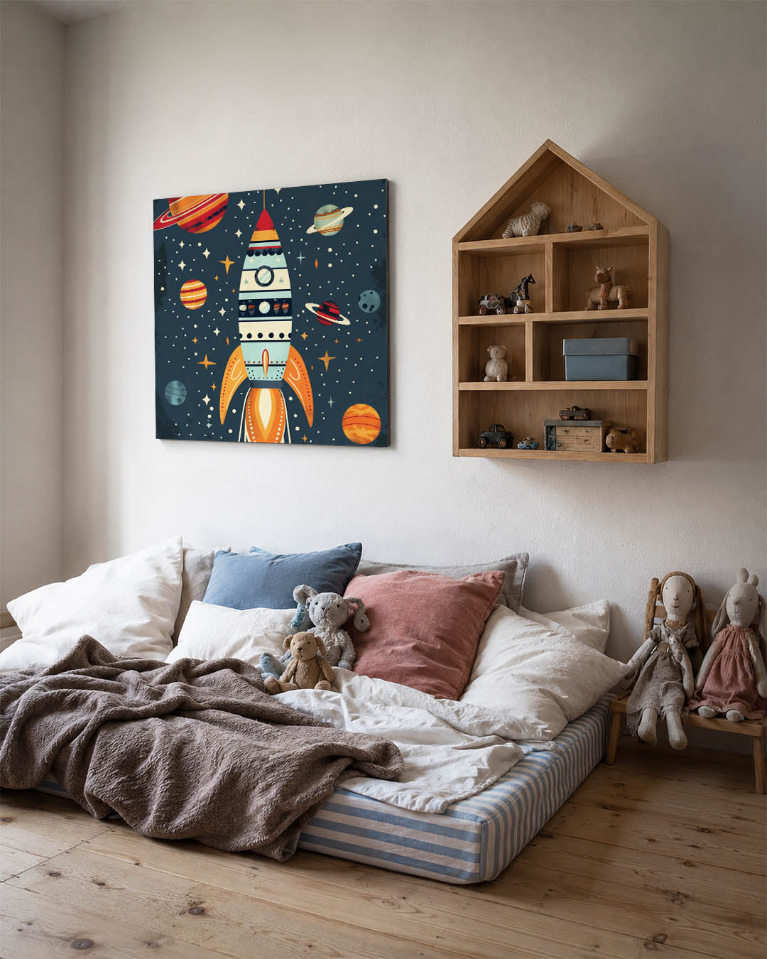 Ruimtevaart kunstwerk – derde productweergave – dit werk toont een kleurrijke raket omringd door planeten en sterren. De