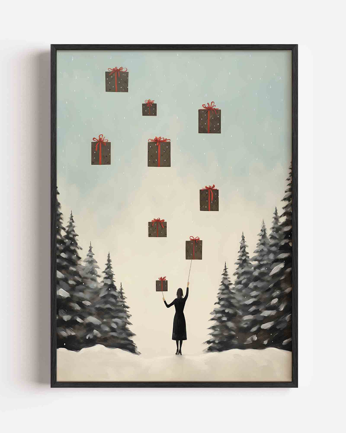 Vrouw met zwevende cadeaus – kerst portret poster als wanddecoratie