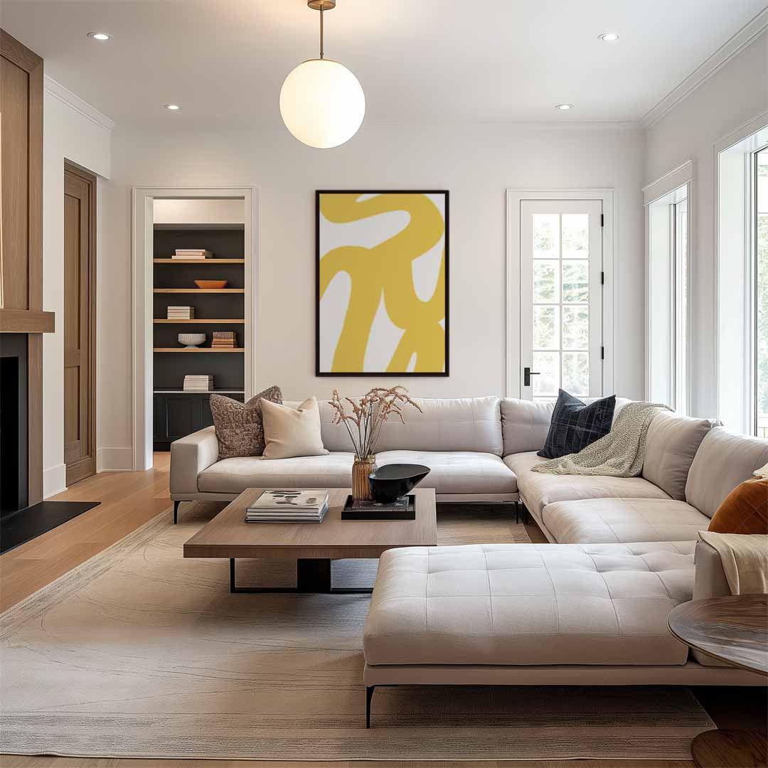 Vrolijke Gele Krulstreken – staand kunstwerk voor modern interieur
