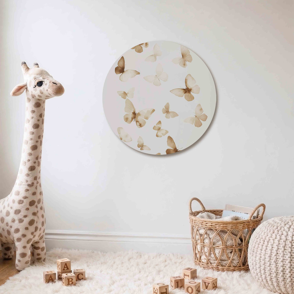 Vlinders in beige Muurcirkel – De muurcirkel toont delicate vlinders in zachte beige tinten.