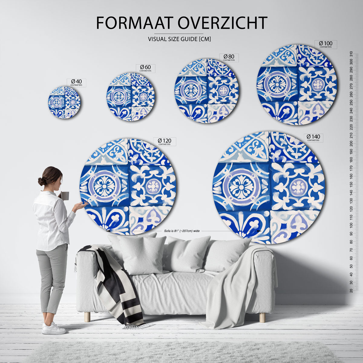 Blauw witte tegelpatronen – abstracte wandkunst met textuur als muurcirkel
