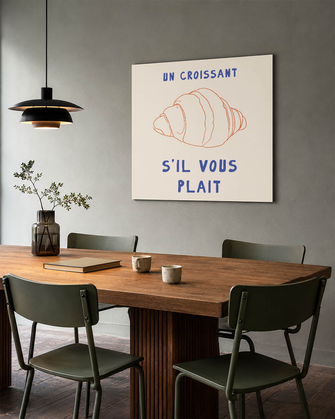 Eenvoudige croissant illustratie kunstwerk – tweede productweergave – een lijntekening van een croissant in orange met blauwe