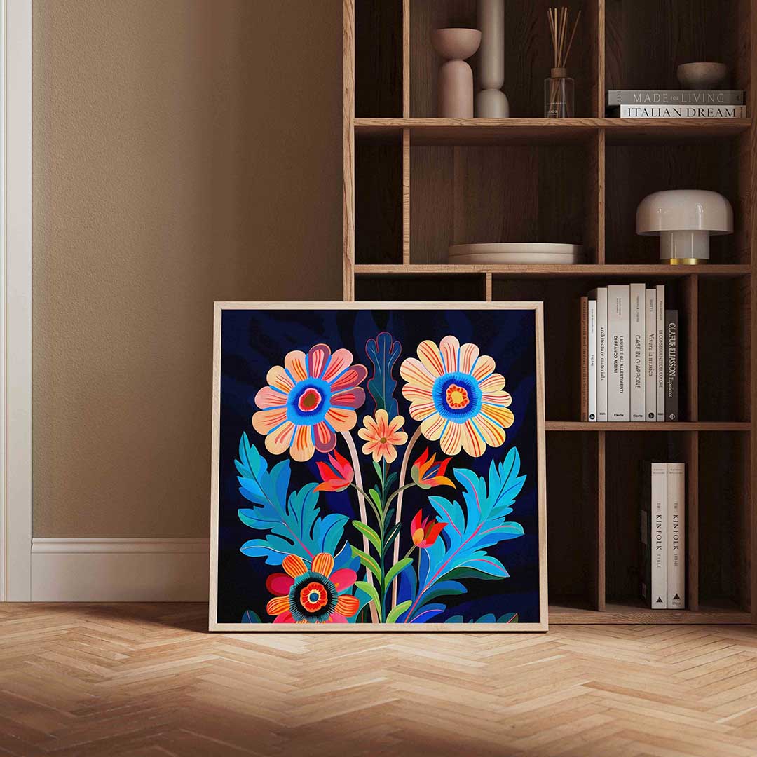 Bloemen en bladeren – kleurrijke vierkante wanddecoratie van WallArtistic