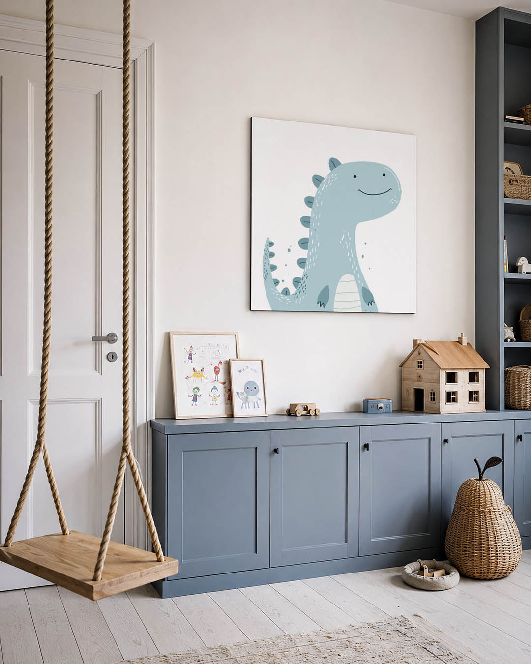 Vrolijke dinosaurus illustratie kunstwerk – vierkante wanddecoratie – dit kunstwerk toont een schattige dinosaurus met een